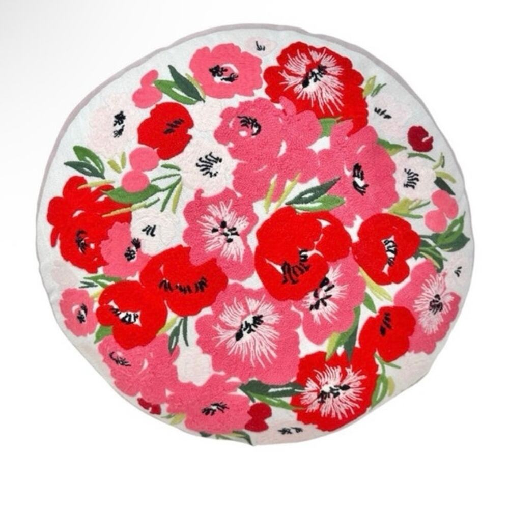 PAPYRUS Garden Embroidered Poppy Flowers Round Pillow 14” Floral Cottagecore
